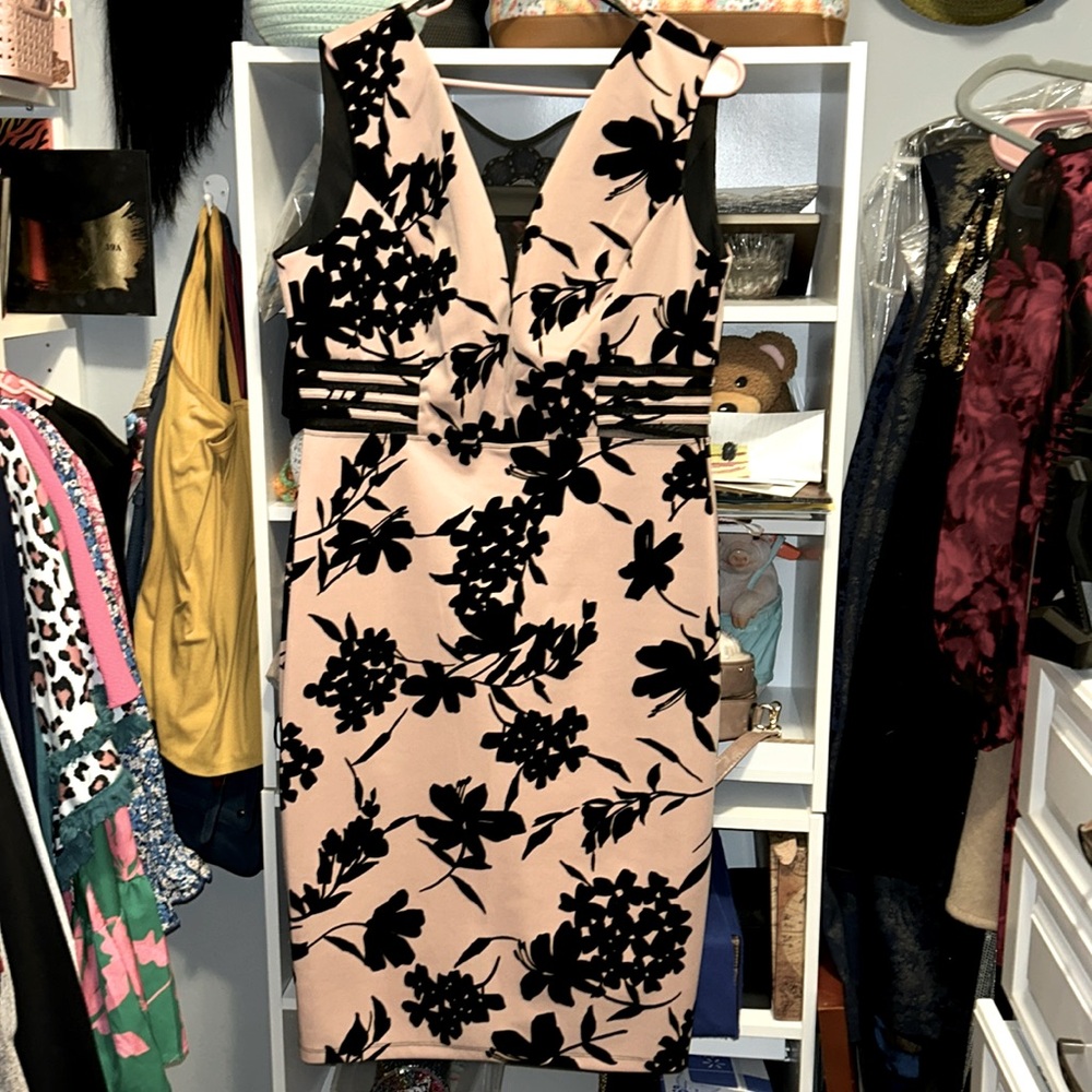 Size 14 Enfocus Studio blush and black dress. Suede floral pattern formal dress